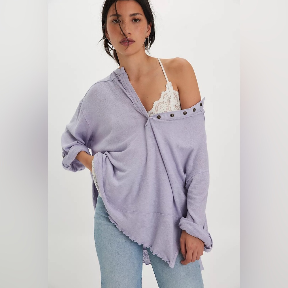 Free People Mistic Lilac We The Free Cotton-Linen Henley Tee - XS